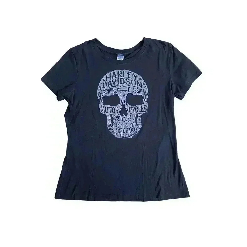 Harley Davidson Dallas TX Women's Biker Black Skull Sparkle Short Sleeve Shirt M